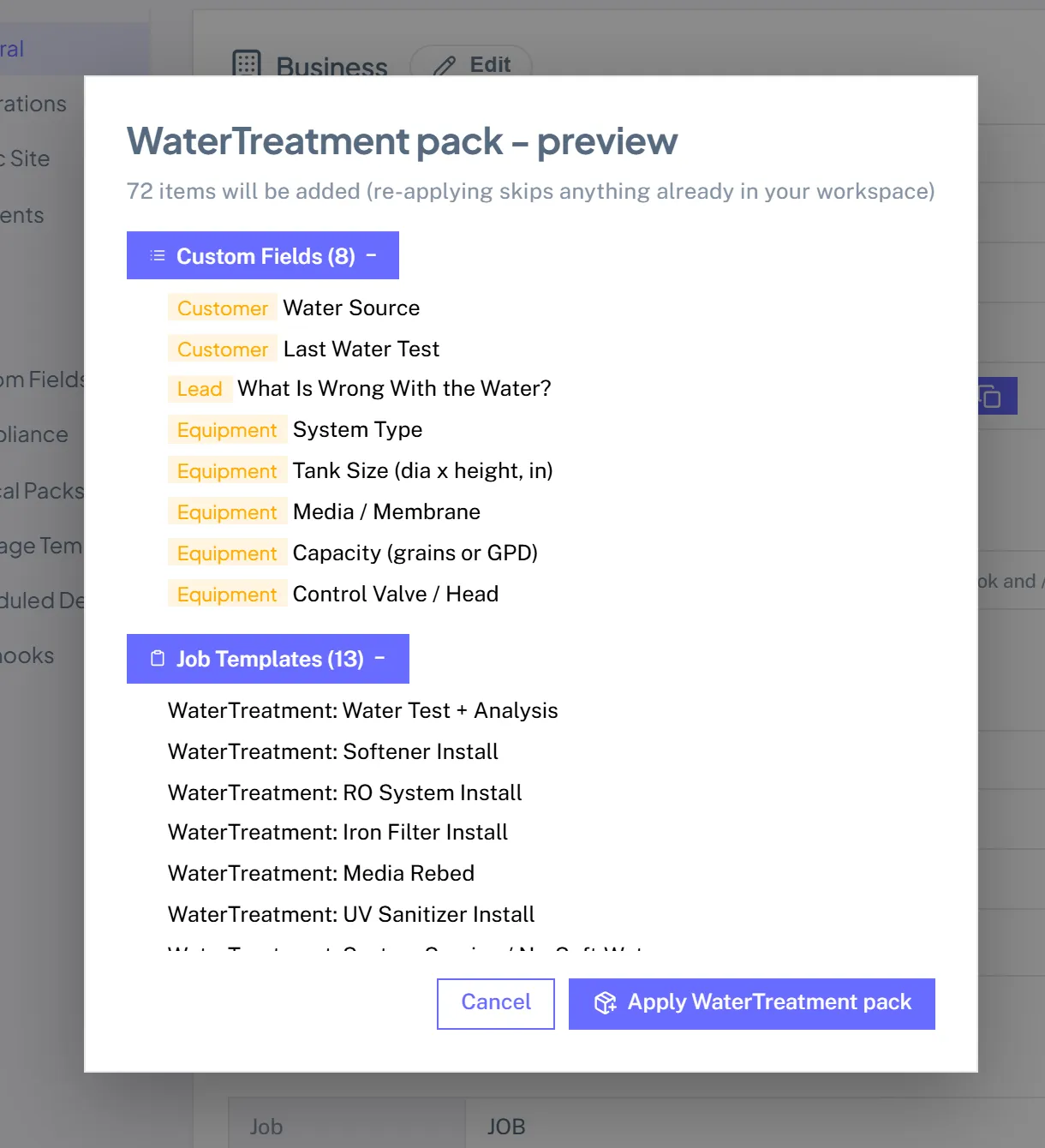 The WaterTreatment pack preview listing the custom fields, job templates, services, parts and checklists it will add