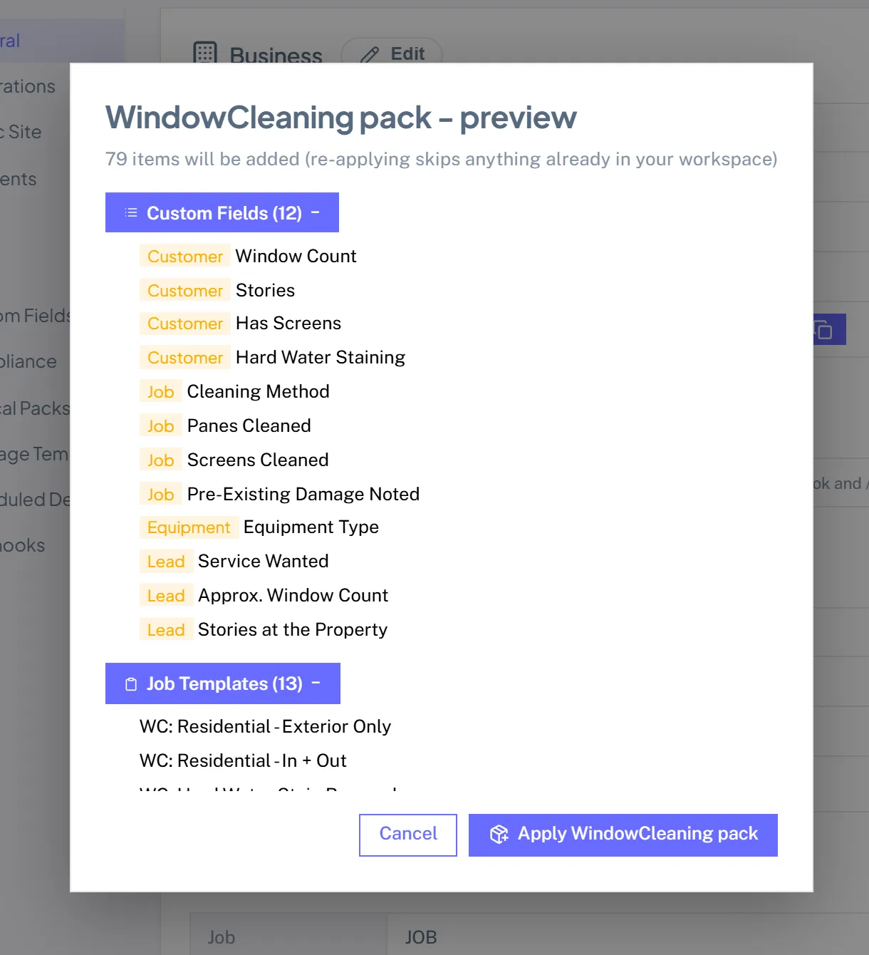The WindowCleaning pack preview listing the custom fields, job templates, services, and checklists it will add