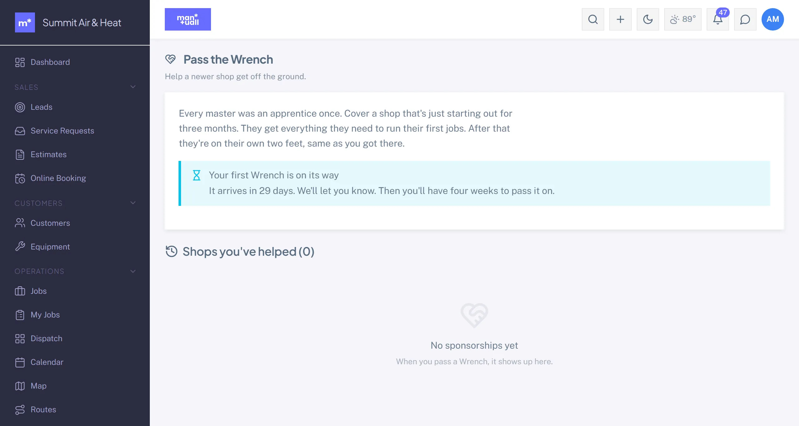 The Pass the Wrench page explaining the three-month sponsorship and showing no sponsorships yet