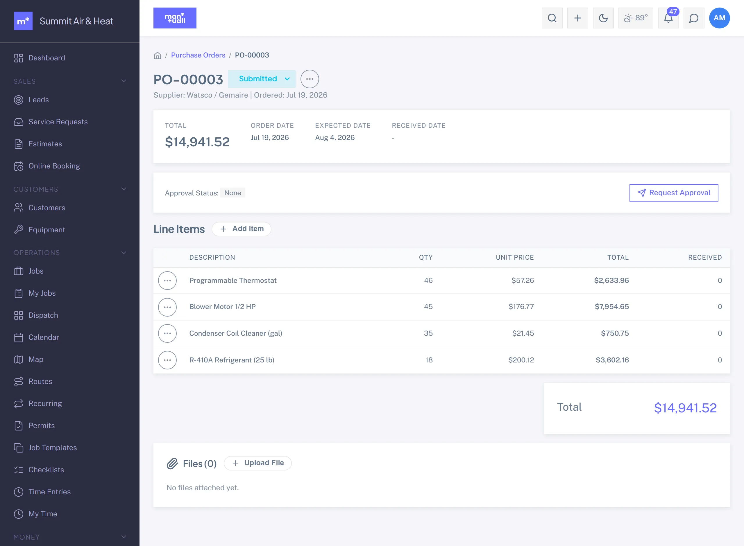 A purchase order detail page with supplier, order and expected dates, approval status, and four line items with a total