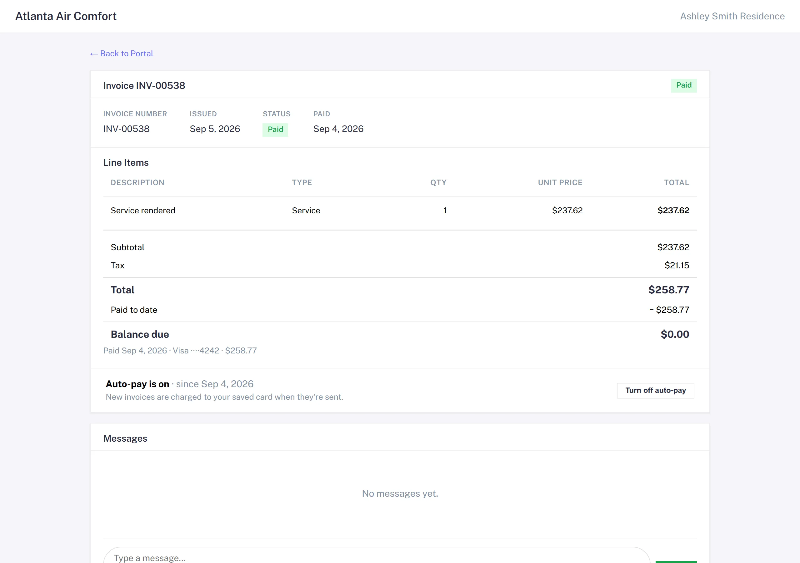 A paid portal invoice whose auto-pay bar reads 'Auto-pay is on' with the enrollment date and a Turn off button