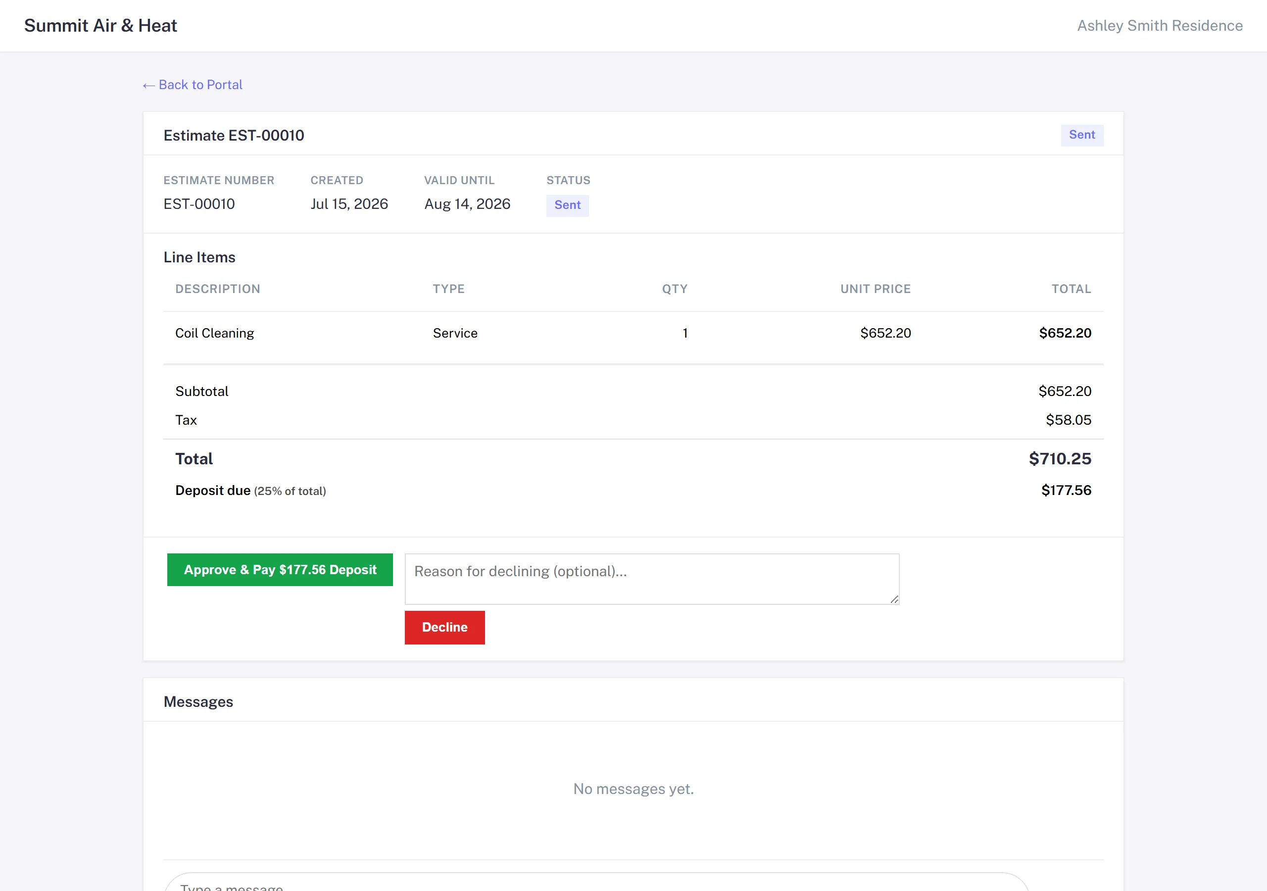 The customer's portal estimate view with the line items, total, a deposit-due line, and a green Approve and Pay Deposit button beside a Decline option