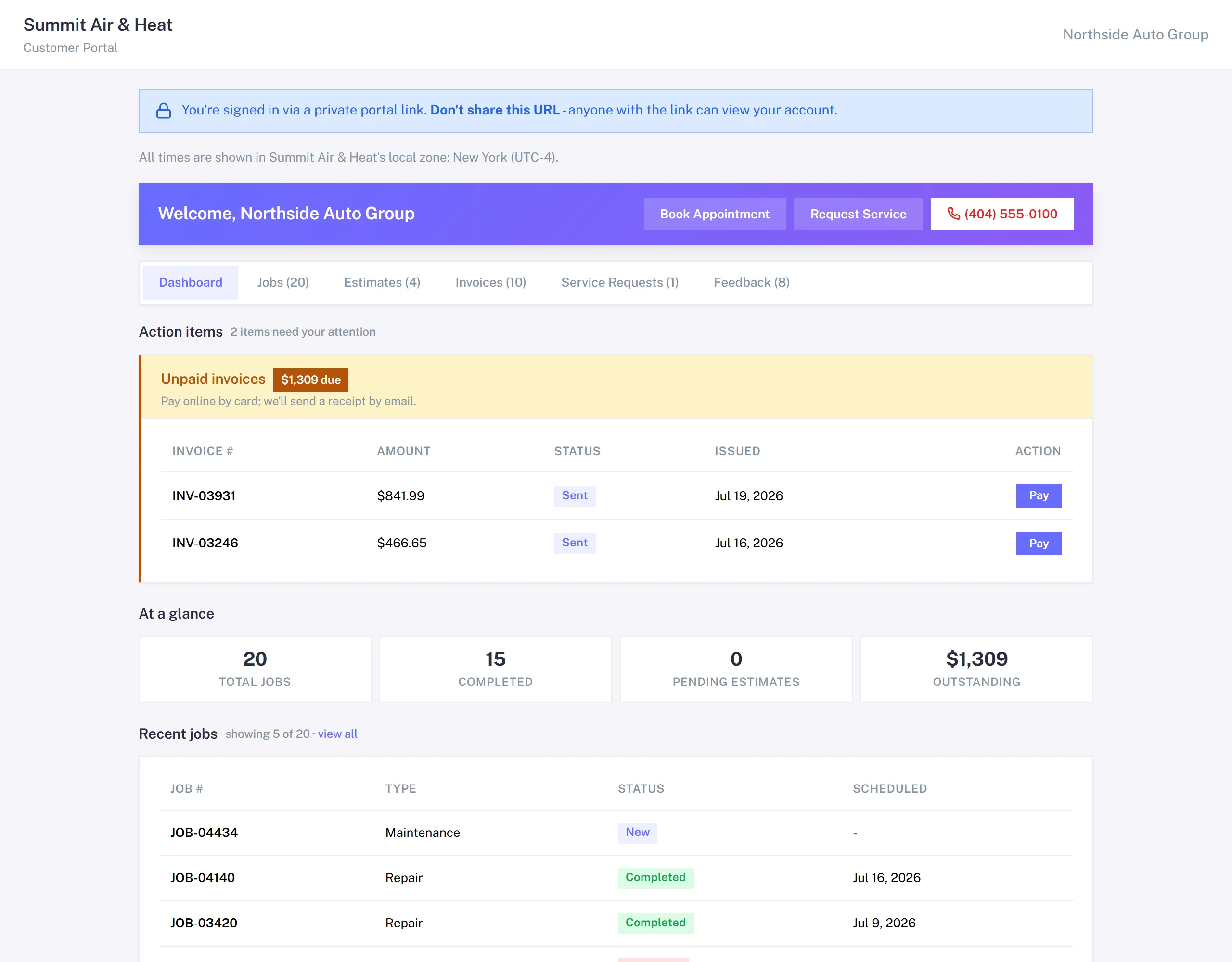 The customer portal dashboard with unpaid invoices, action items, an at-a-glance summary, and tabs for jobs, estimates, and invoices