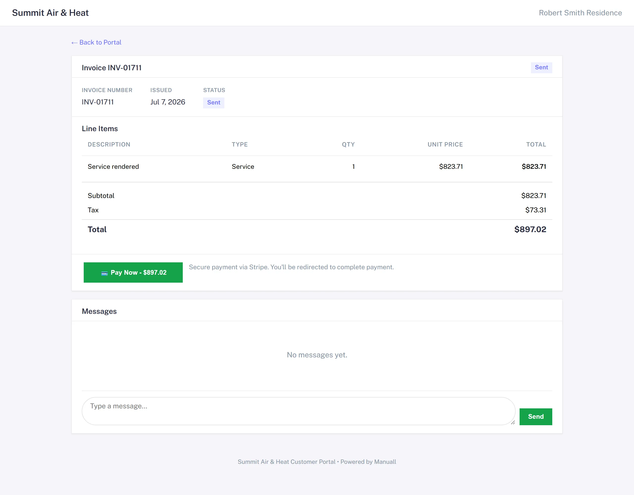 The customer's portal invoice with a Pay Now button secured by Stripe