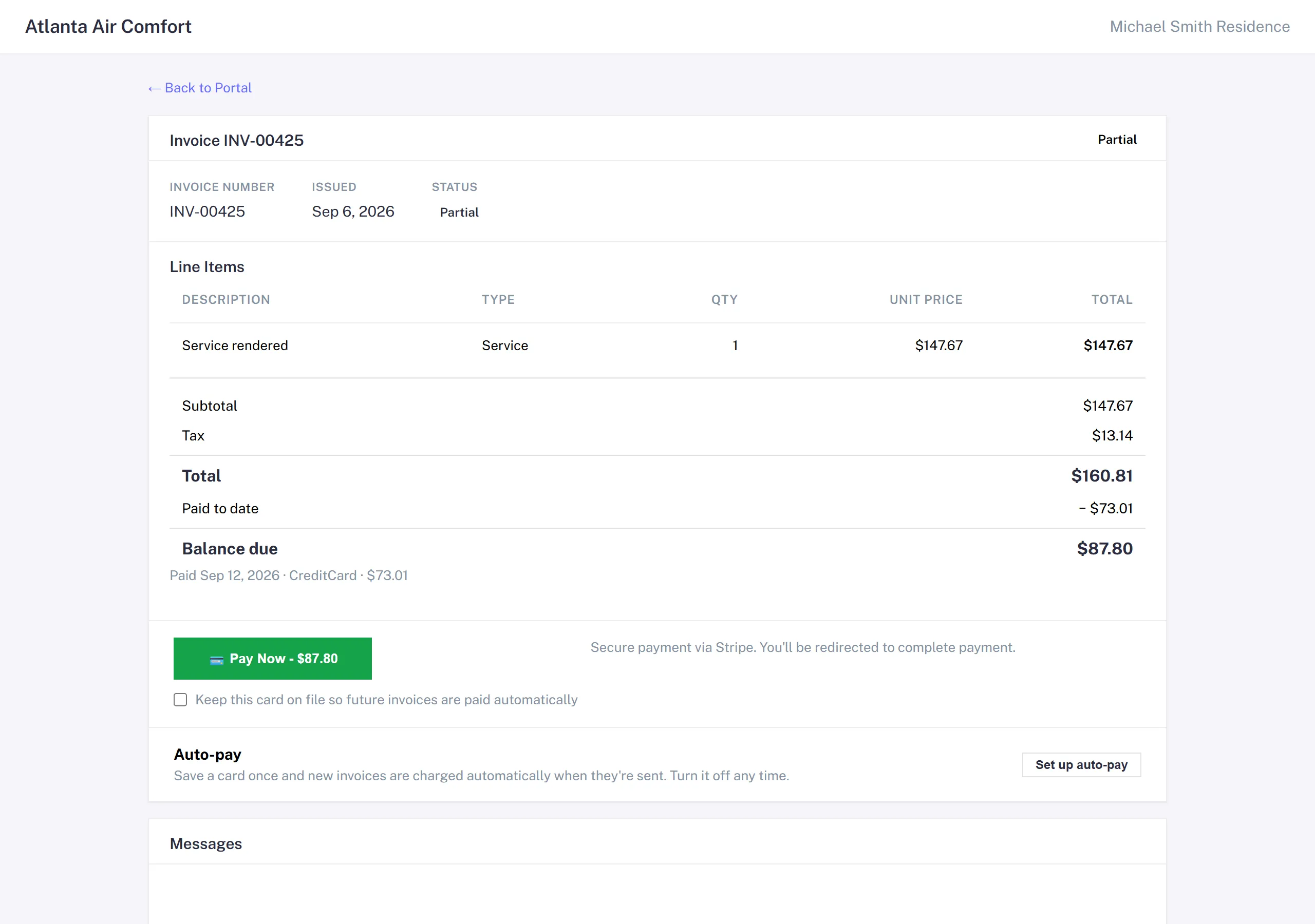 A customer's portal invoice with the Pay Now button and a 'keep this card on file' checkbox beneath it
