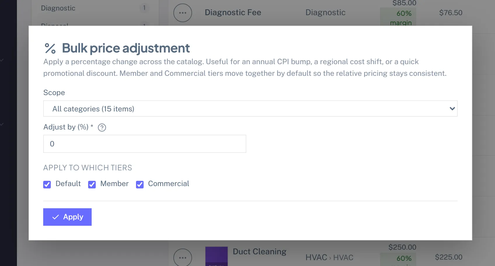 The bulk markup tool with a percentage field and a scope selector