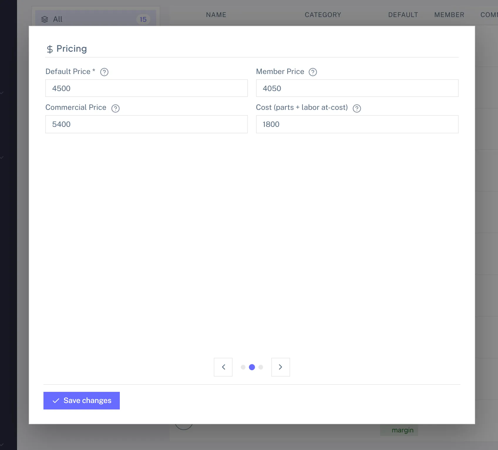 A service edit form showing Default, Member and Commercial prices alongside cost