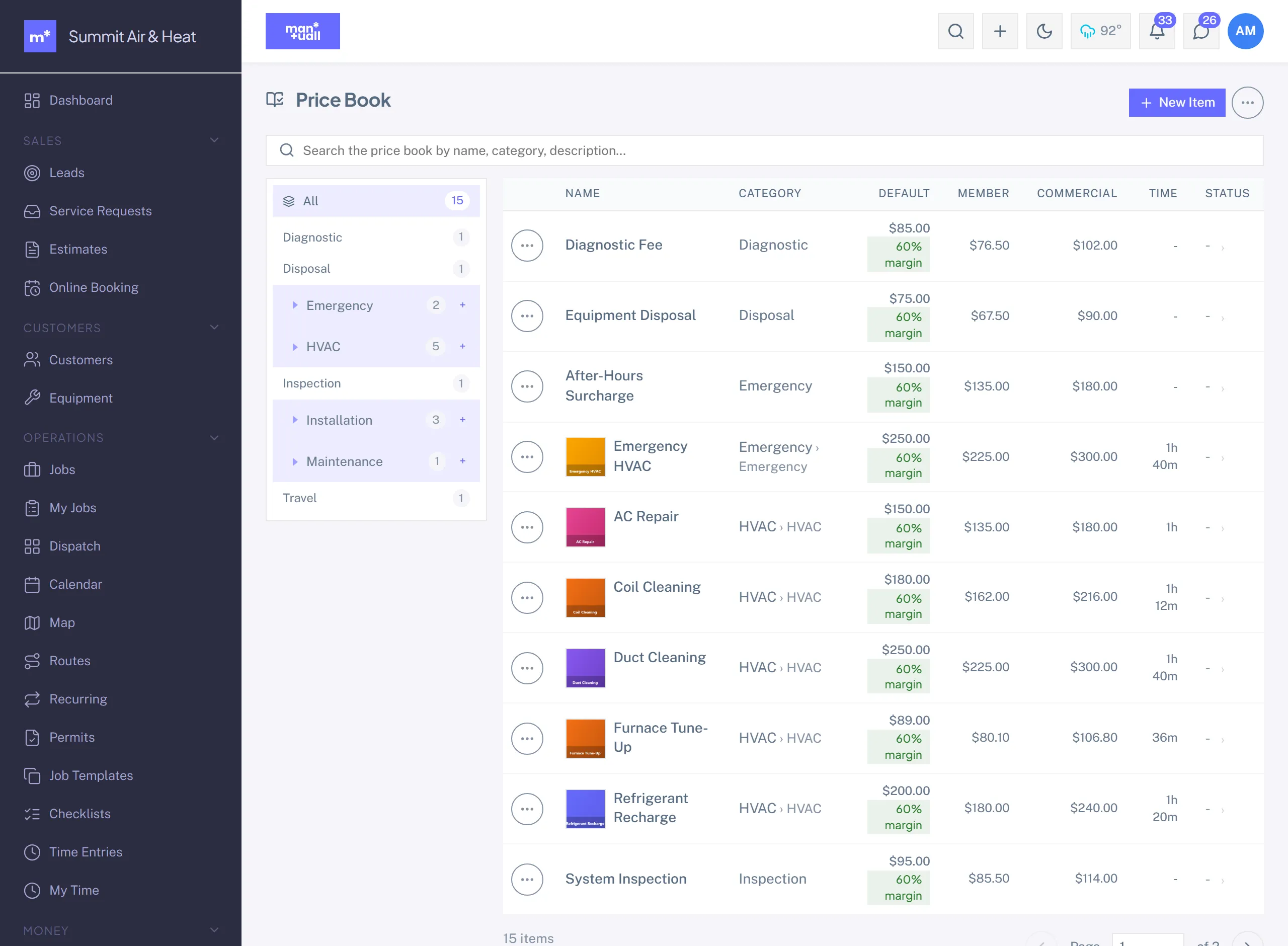 The Price Book with Default, Member, and Commercial price columns per service
