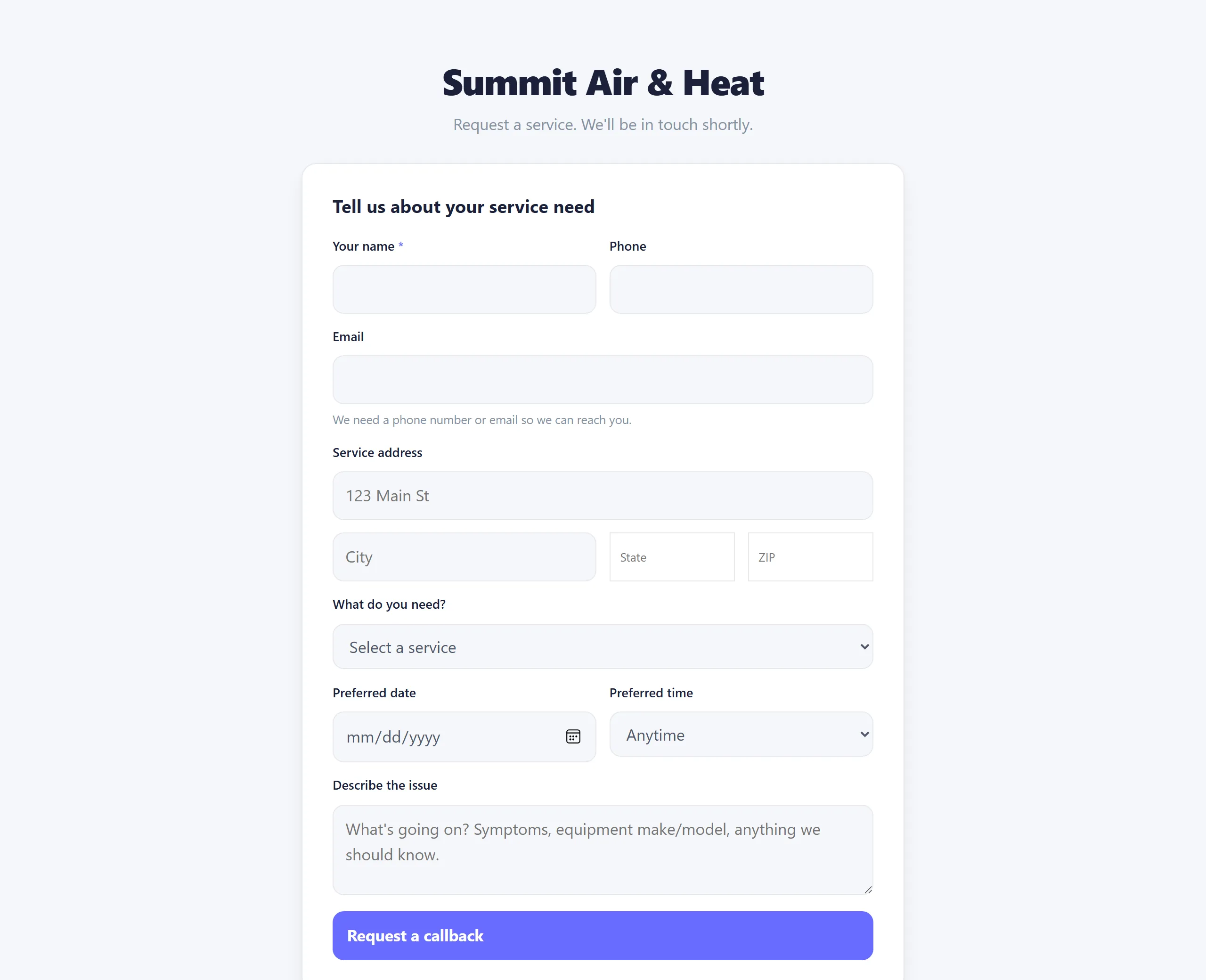 The public booking page for a shop with name, phone, email, service address, service picker, preferred date and time, and a describe-the-issue box