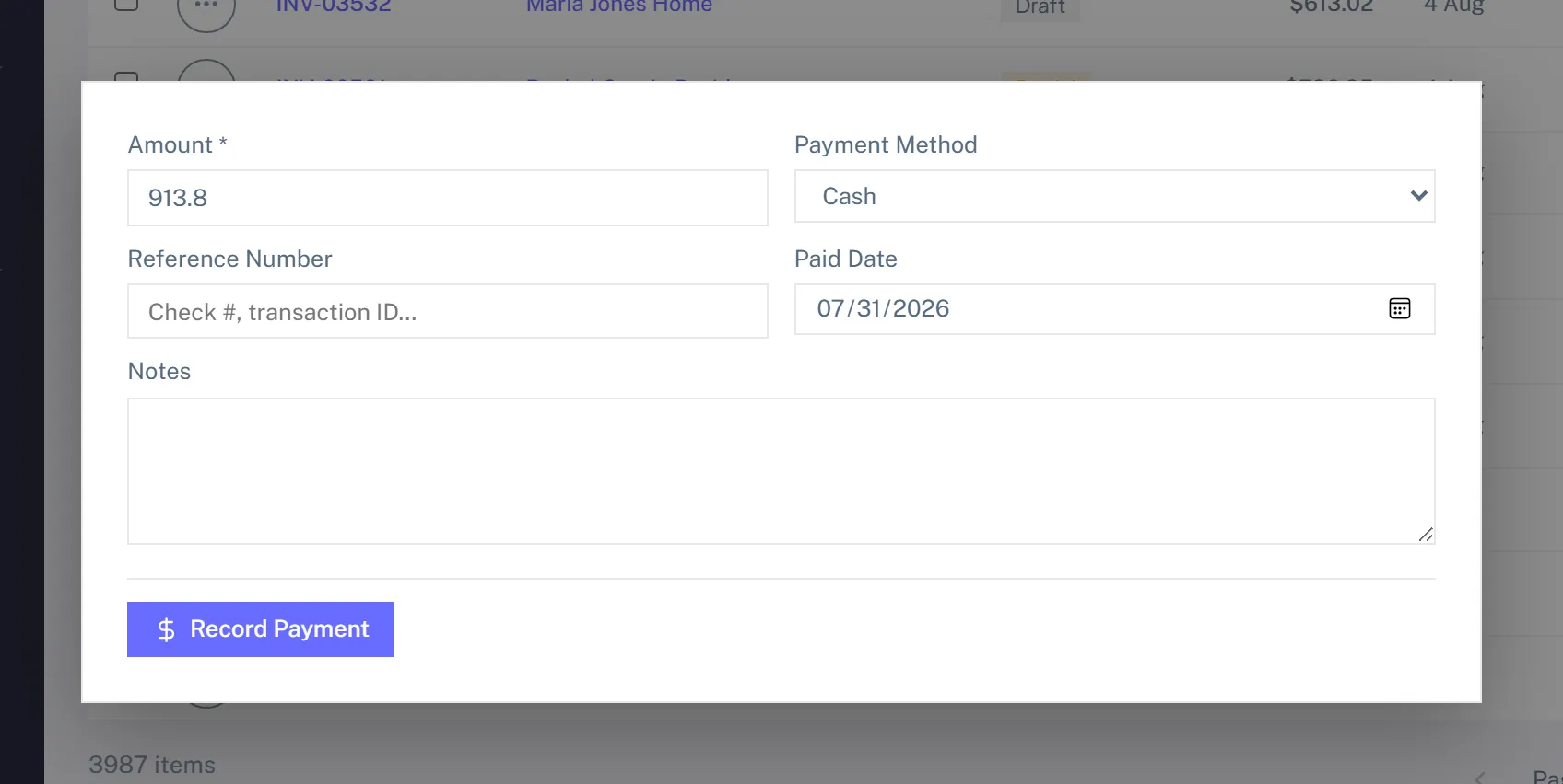 The Record Payment form with amount, payment method, reference number, paid date, and notes fields