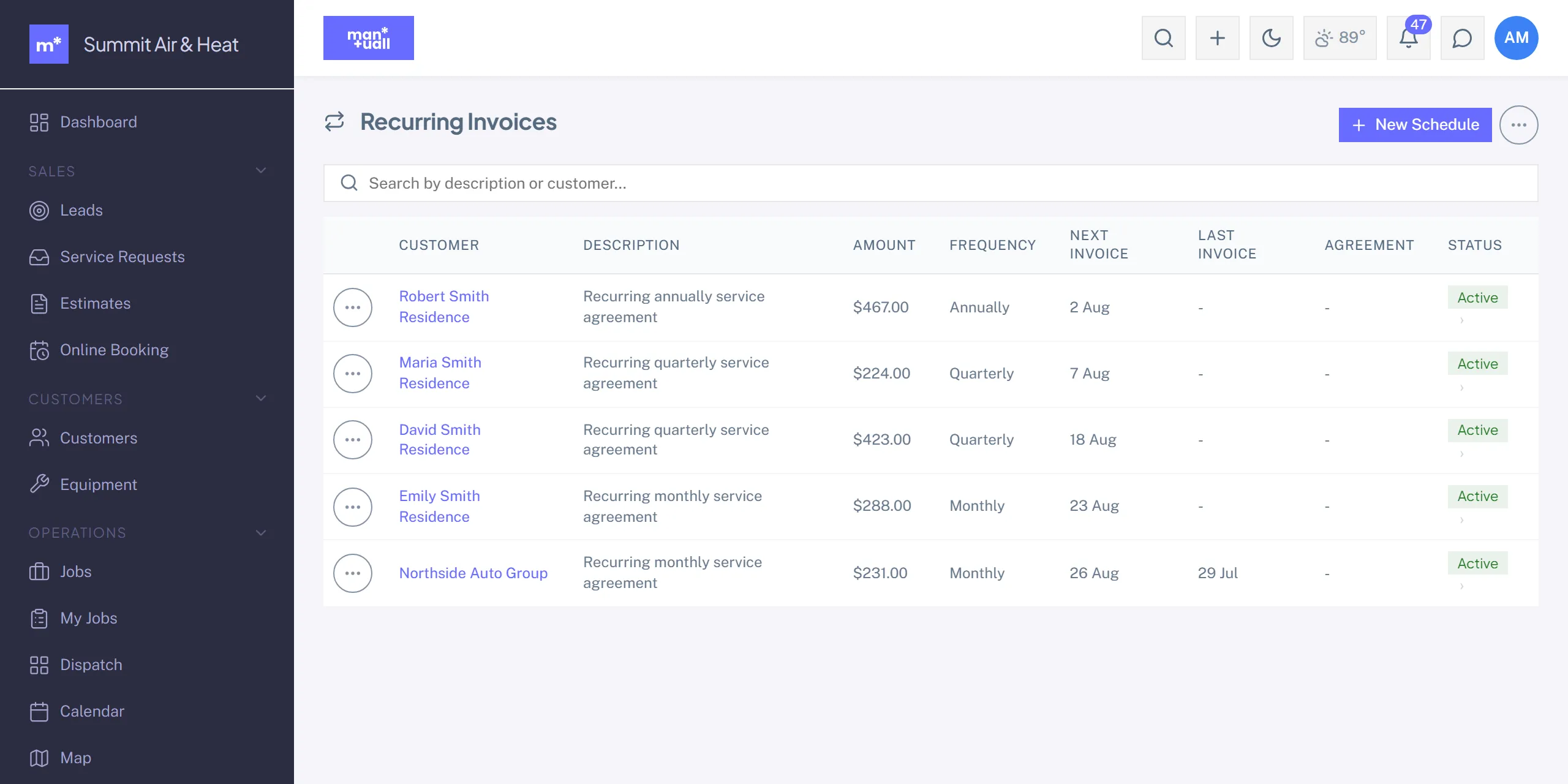 The Recurring Invoices list with customer, description, amount, frequency, next invoice date, and status