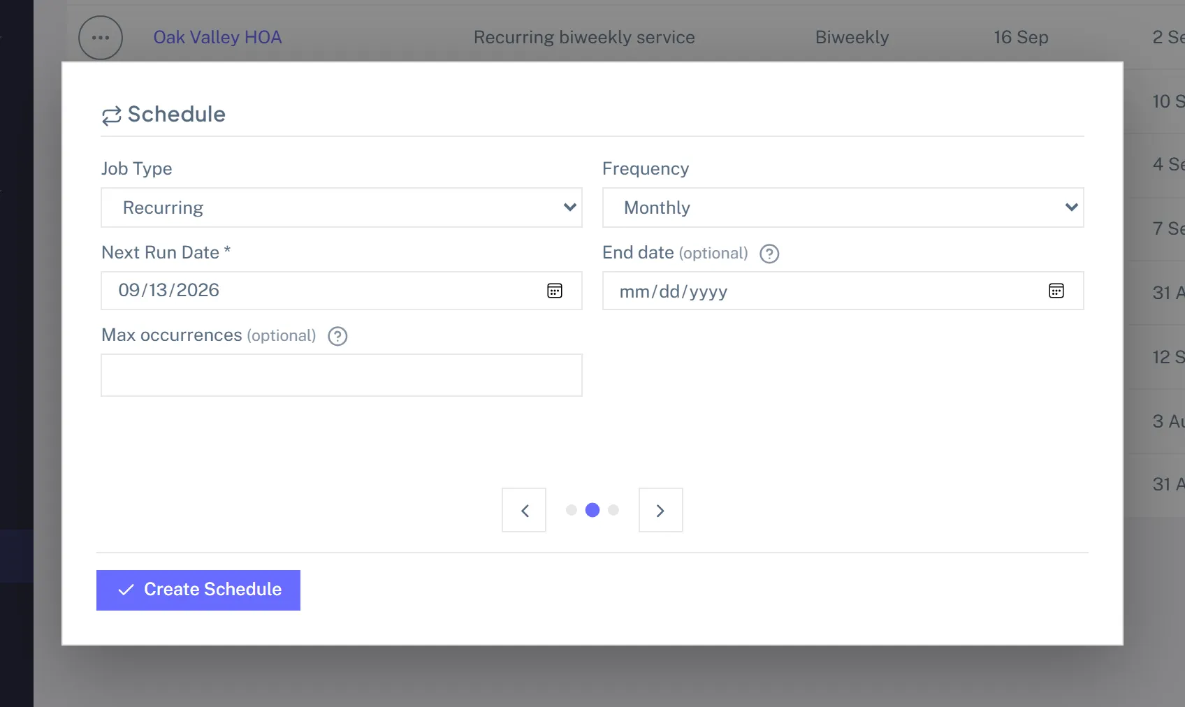 The New Recurring Job form with customer, frequency, start date, and assignment fields