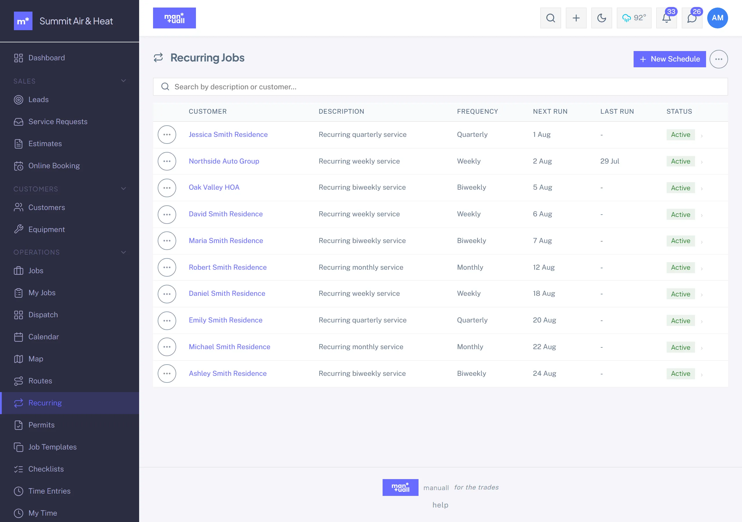 The Recurring Jobs list with customer, description, frequency, next run, last run, and status columns