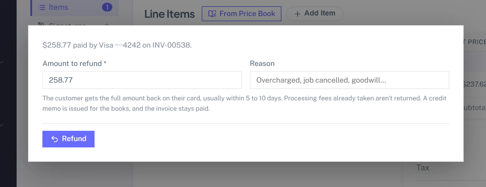 The Refund payment form over an invoice, with the amount preset to what is left on the card payment and a reason field