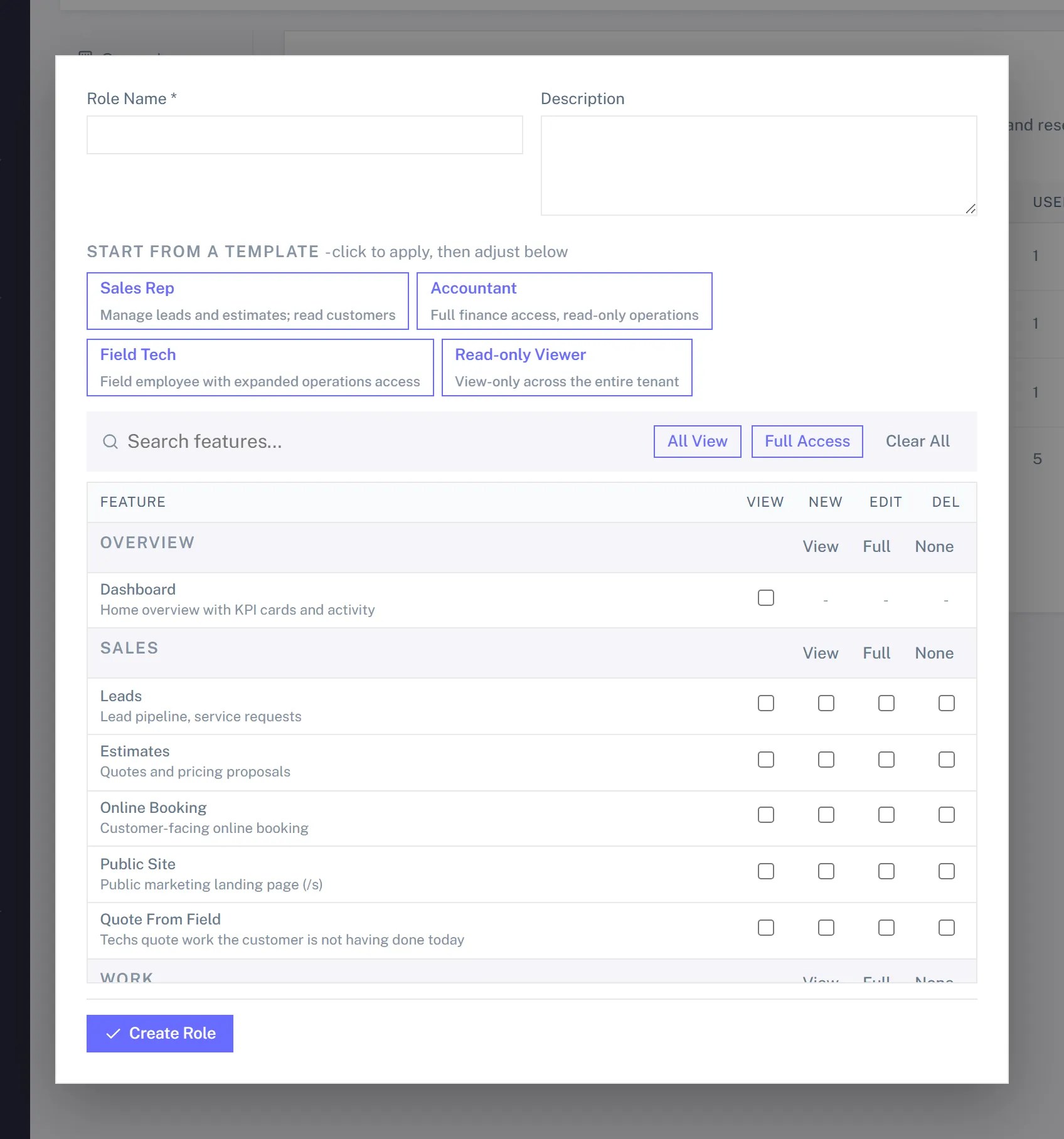 The New Role panel with a name and description, four starter templates, a feature search, and a matrix of features grouped by category with View, New, Edit and Del checkboxes on each row