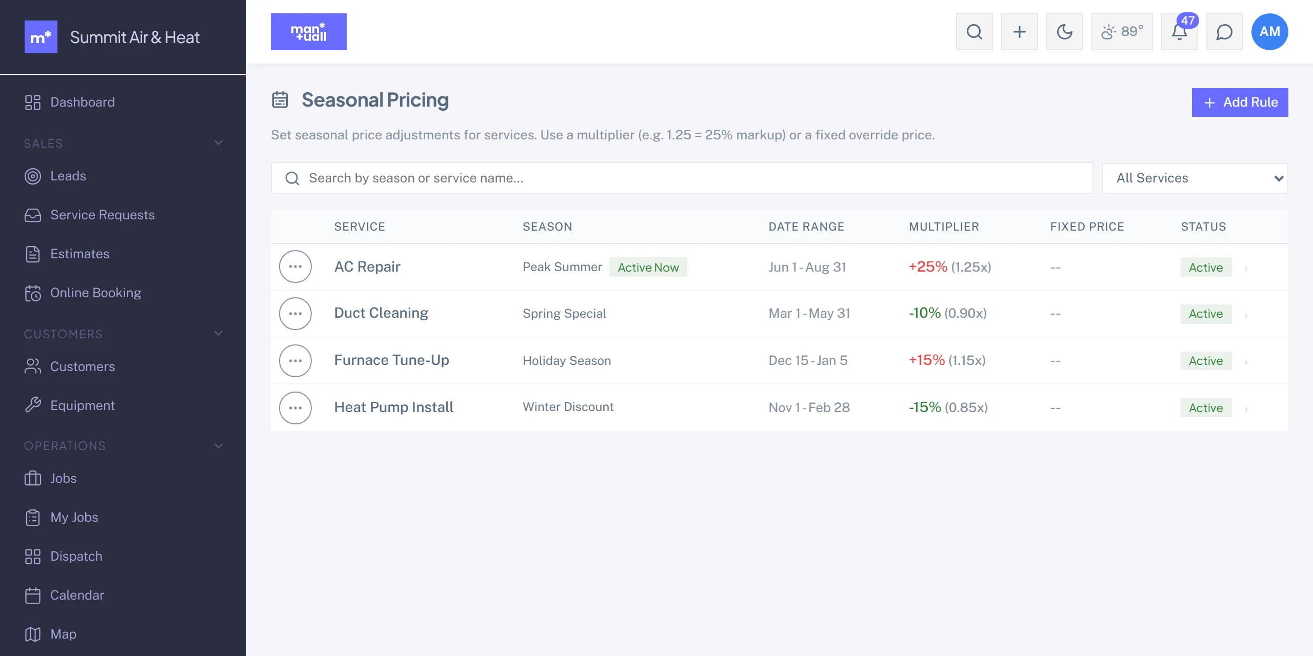 The Seasonal Pricing list with service, season, date range, multiplier, fixed price, and status