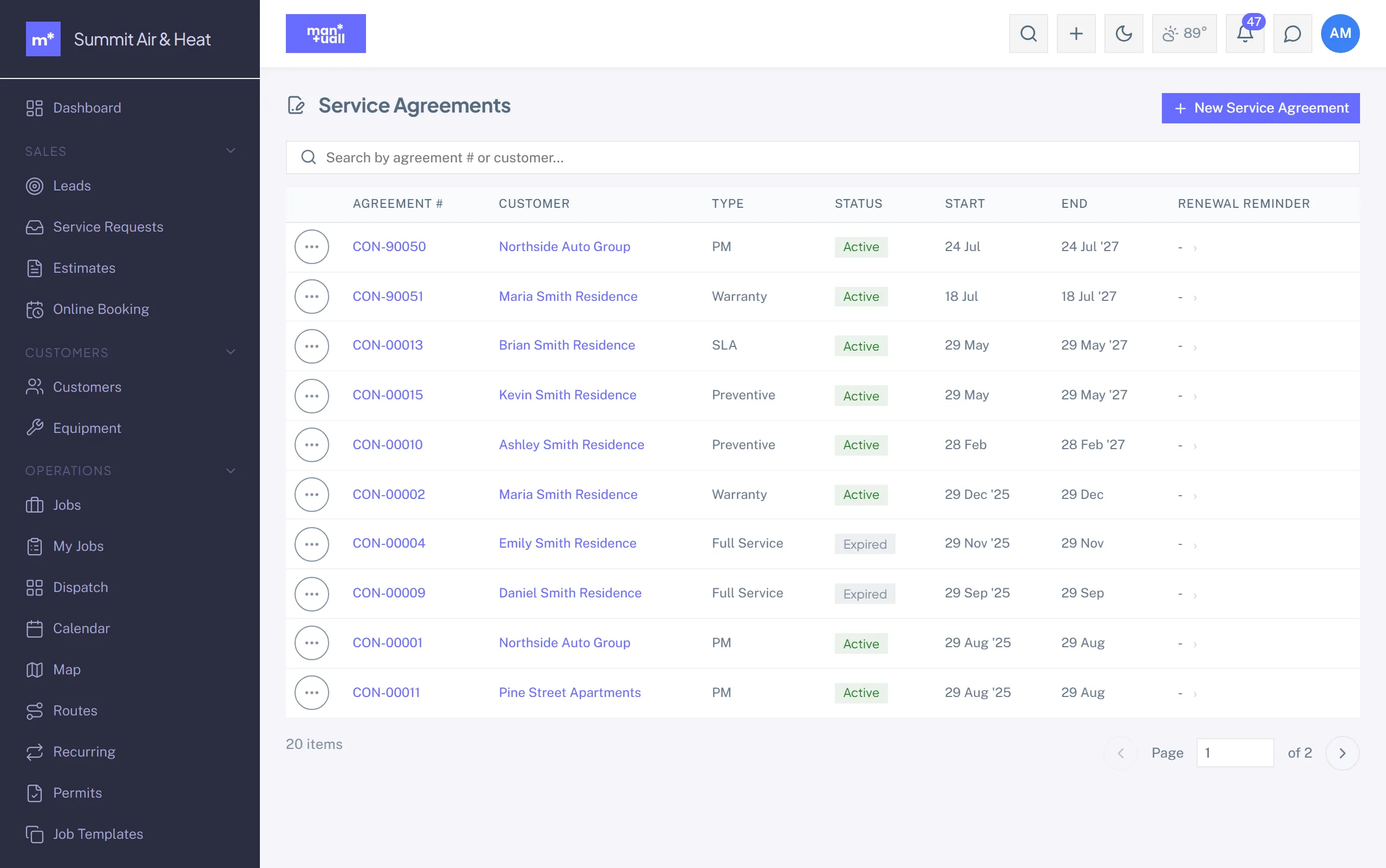 The Service Agreements list with agreement number, customer, type, status, start and end dates, and renewal reminder