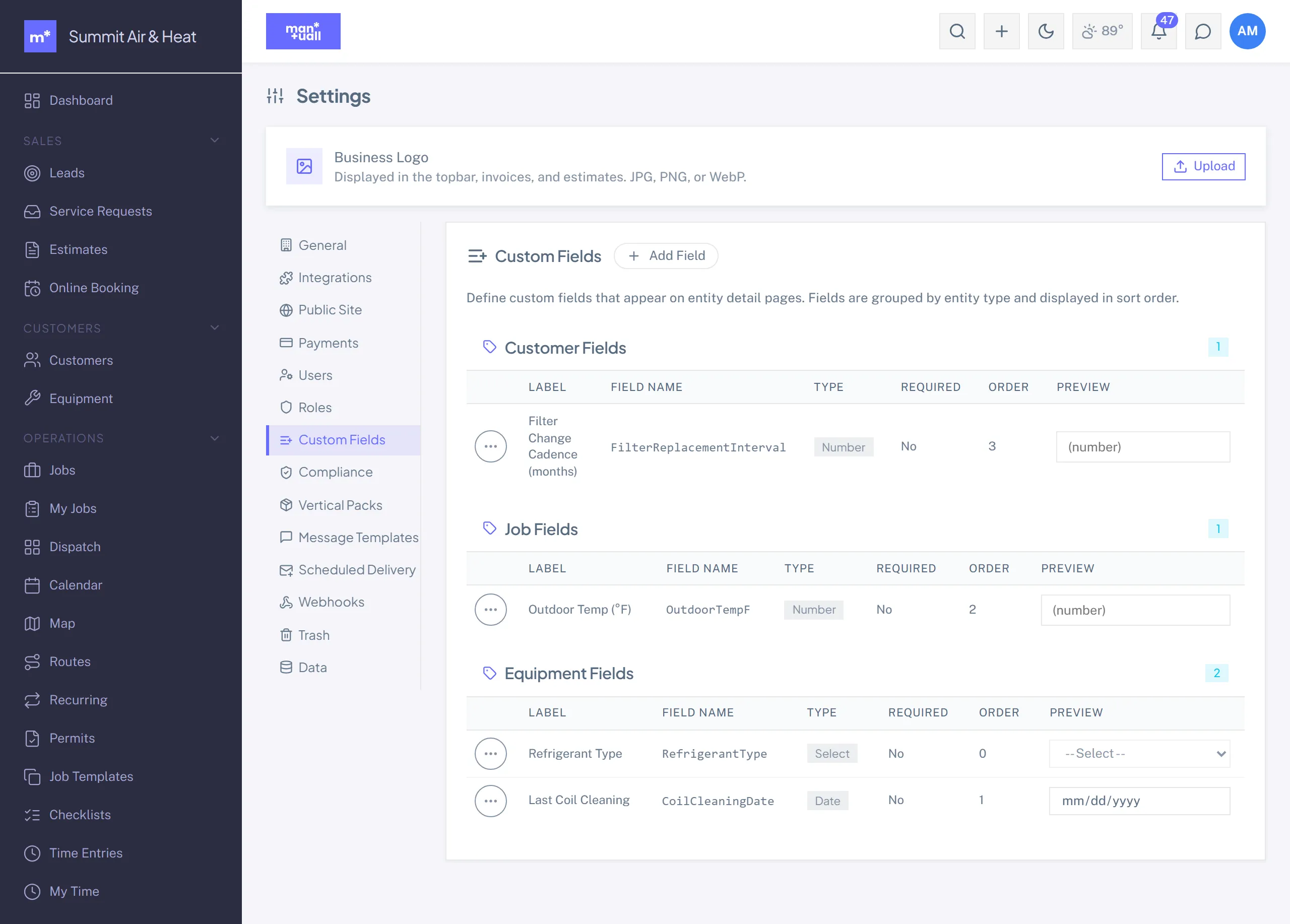 The Custom Fields settings tab with customer, job, and equipment field groups, each showing label, field name, type, required, order, and a preview