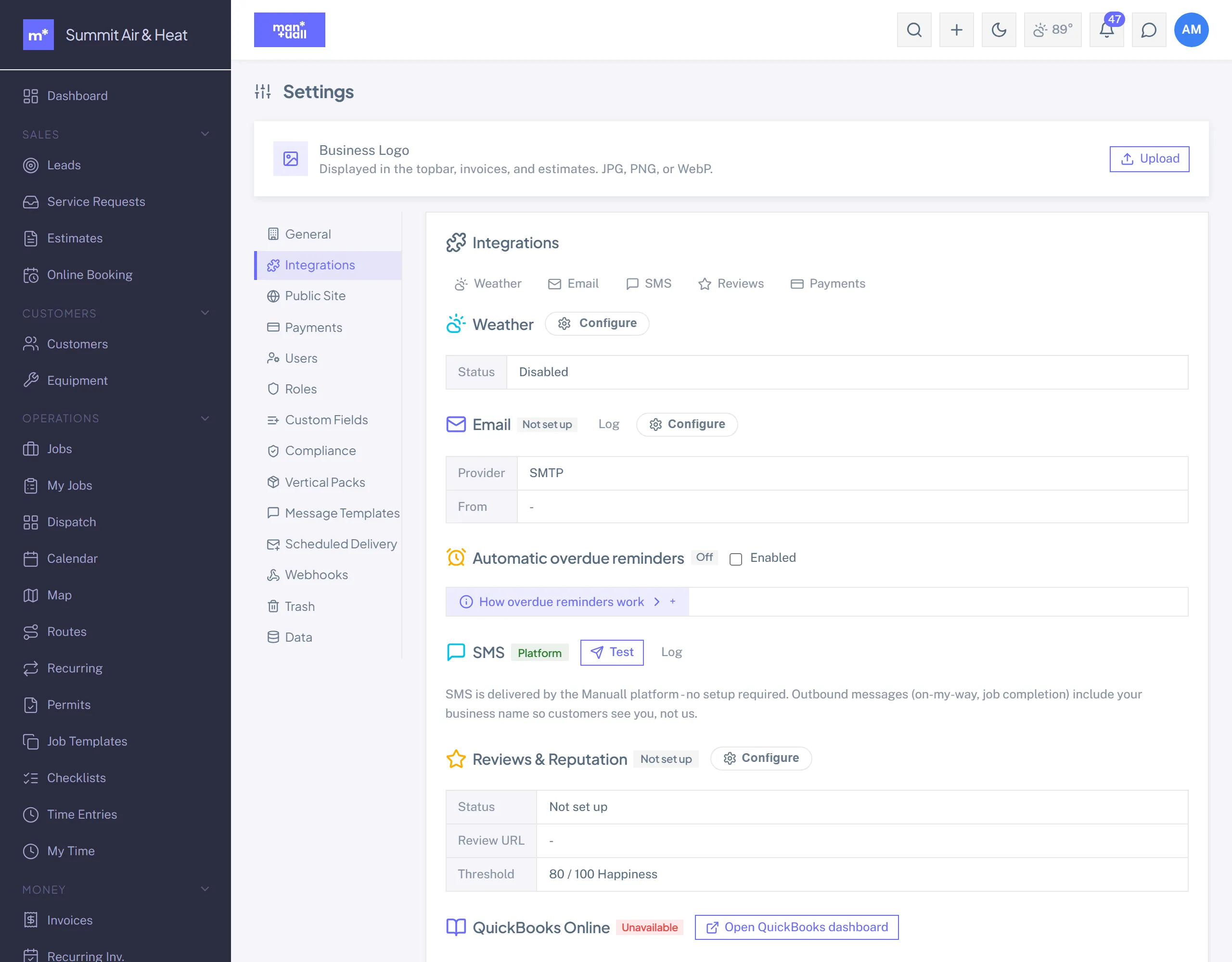 The Integrations settings tab listing weather, email, SMS, reviews and reputation, and QuickBooks Online with their status