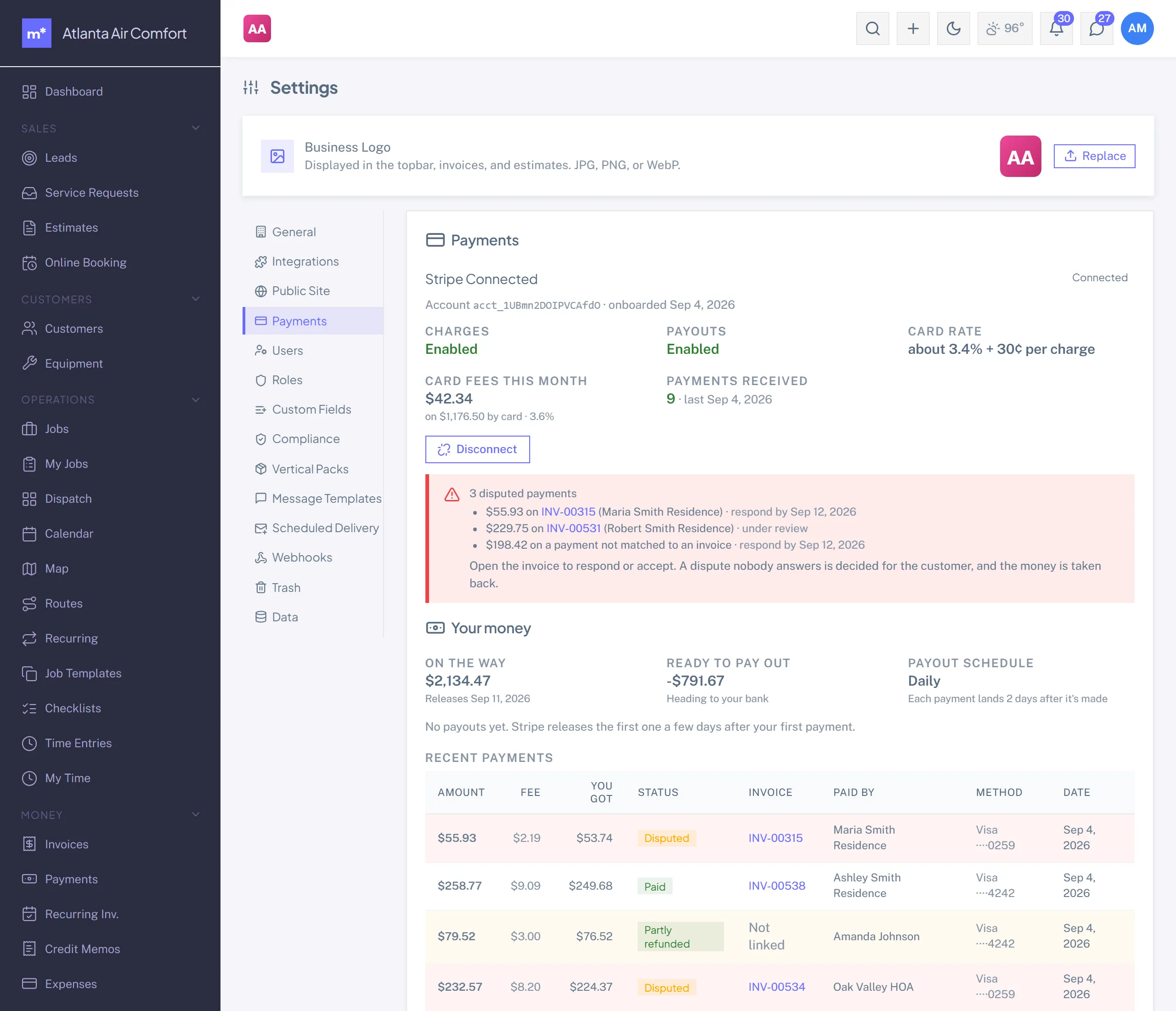 The Payments tab in Settings showing the Stripe balance, money on the way, the payout schedule and recent payouts