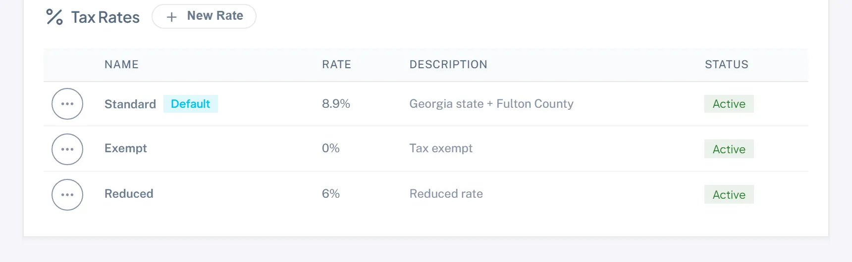 The tax rates section of Settings showing the default rate, SLA, working hours, and number prefixes