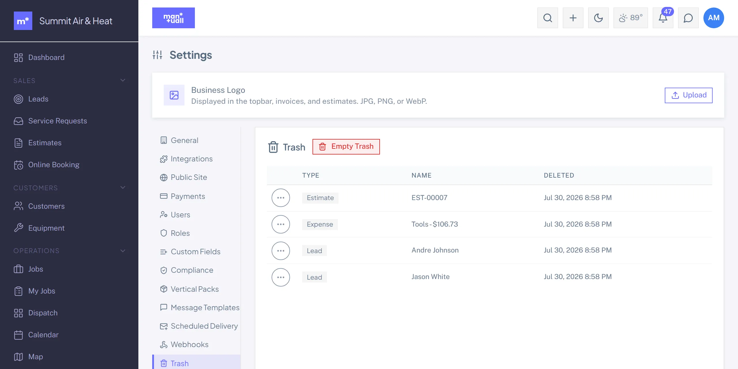 The Trash settings tab listing deleted leads, an estimate, and an expense with their deletion timestamps
