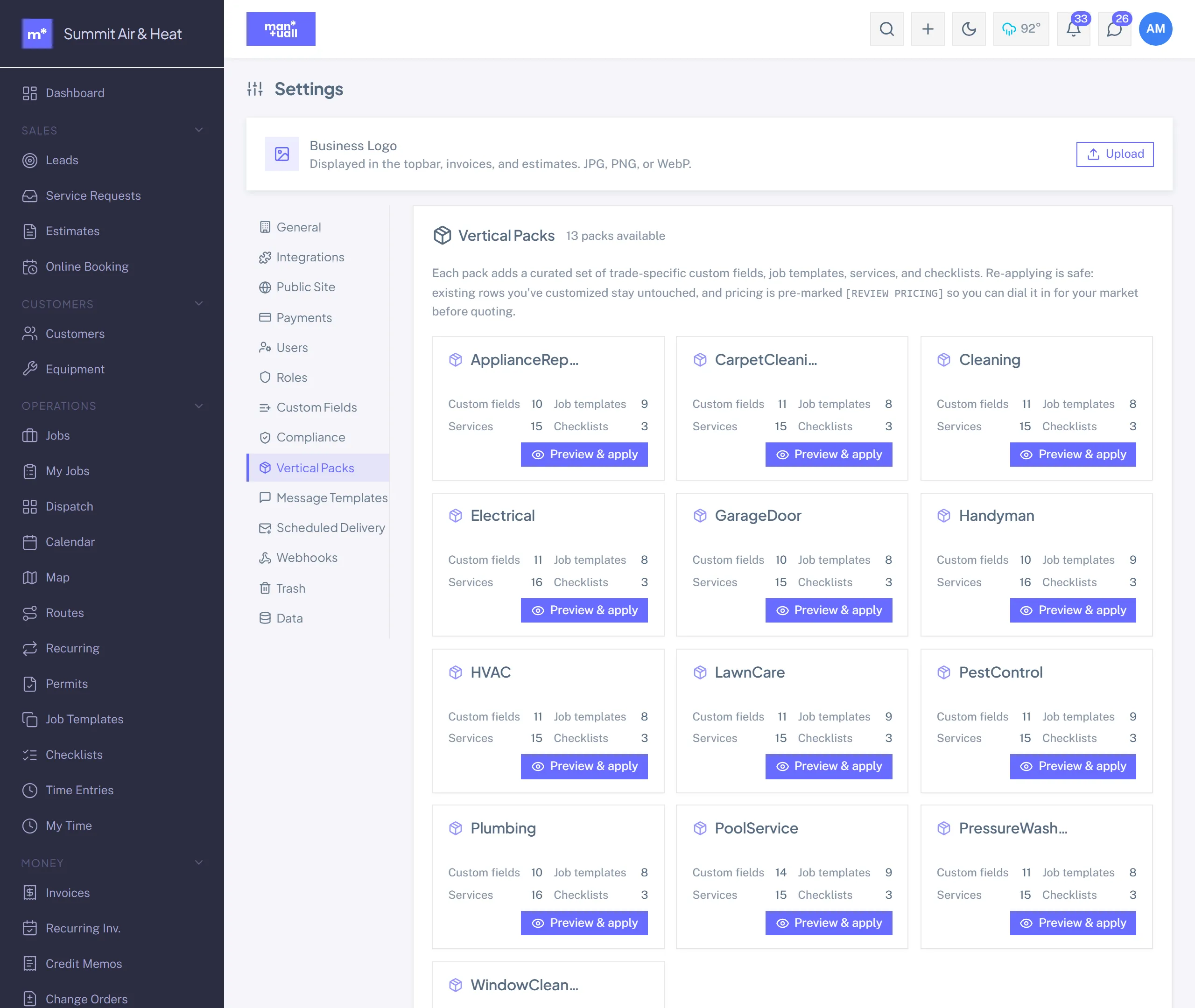 The Vertical Packs settings tab with a card per trade showing its custom fields, job templates, services, and checklist counts and a Preview and apply button