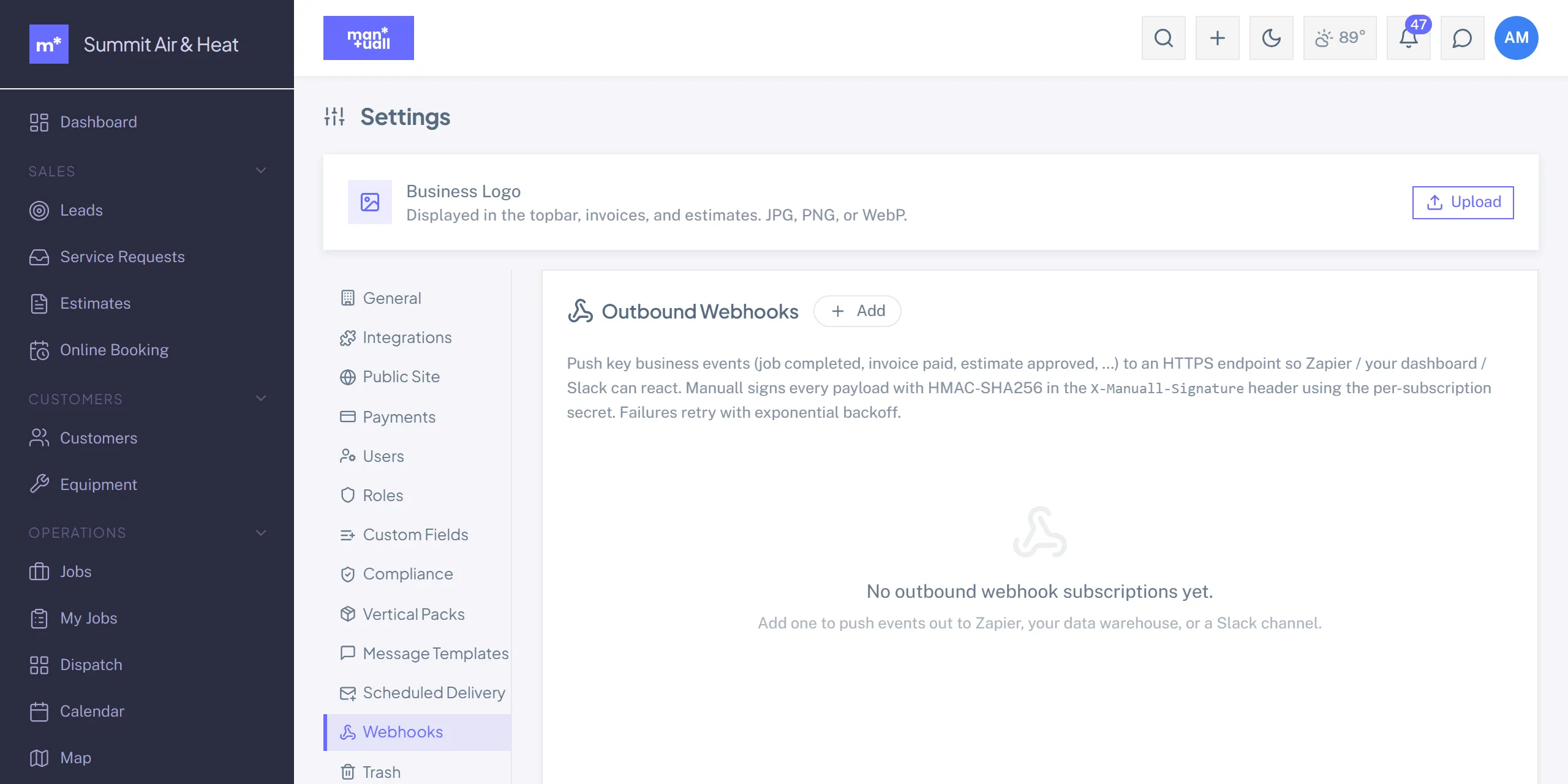 The Outbound Webhooks settings tab explaining HMAC-signed delivery with retry and backoff