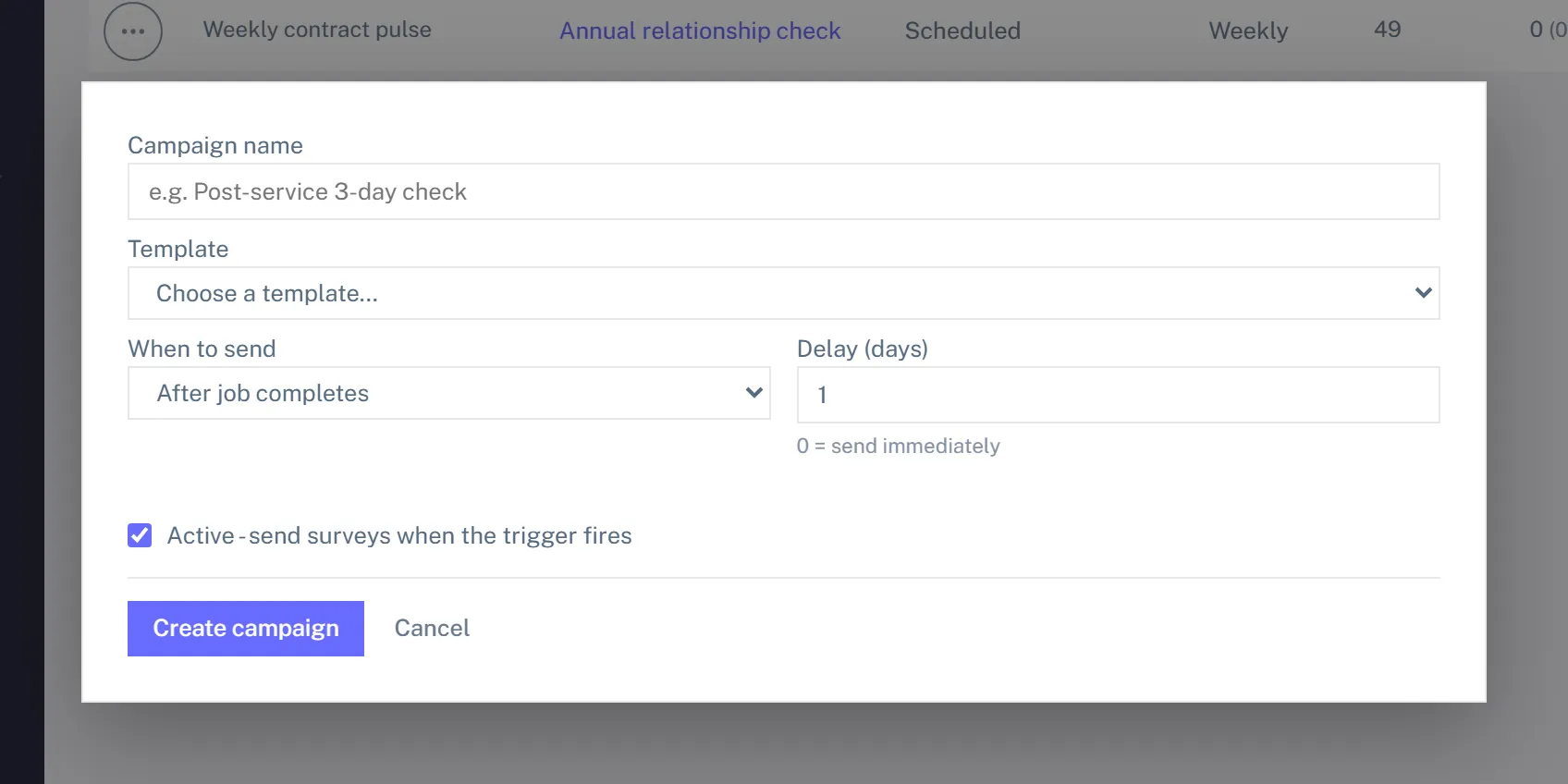 The new survey campaign form with a template picker and trigger options
