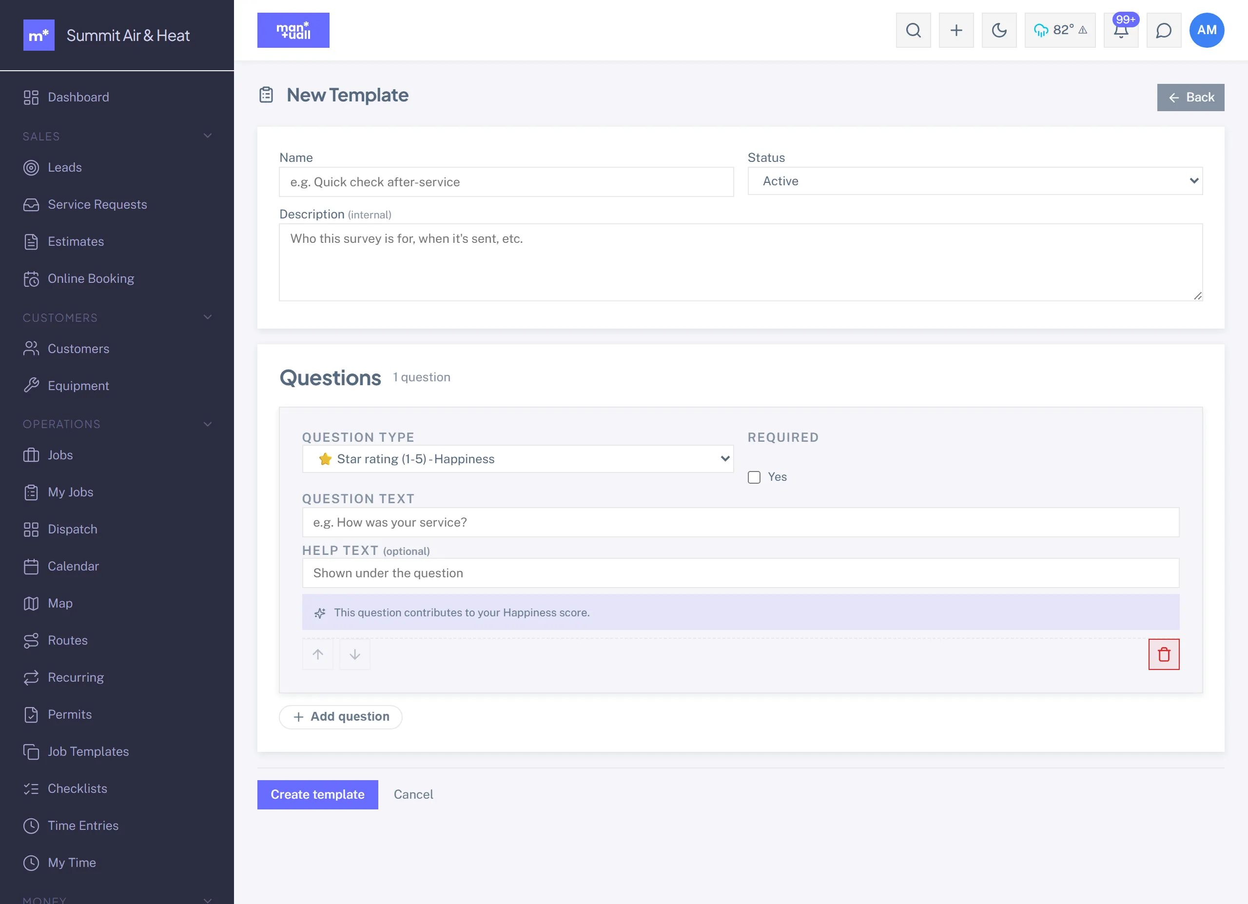 The new template editor with a question added: a Question Type dropdown set to Star rating (1-5) - Happiness, question text, help text, and a note that it contributes to the Happiness score