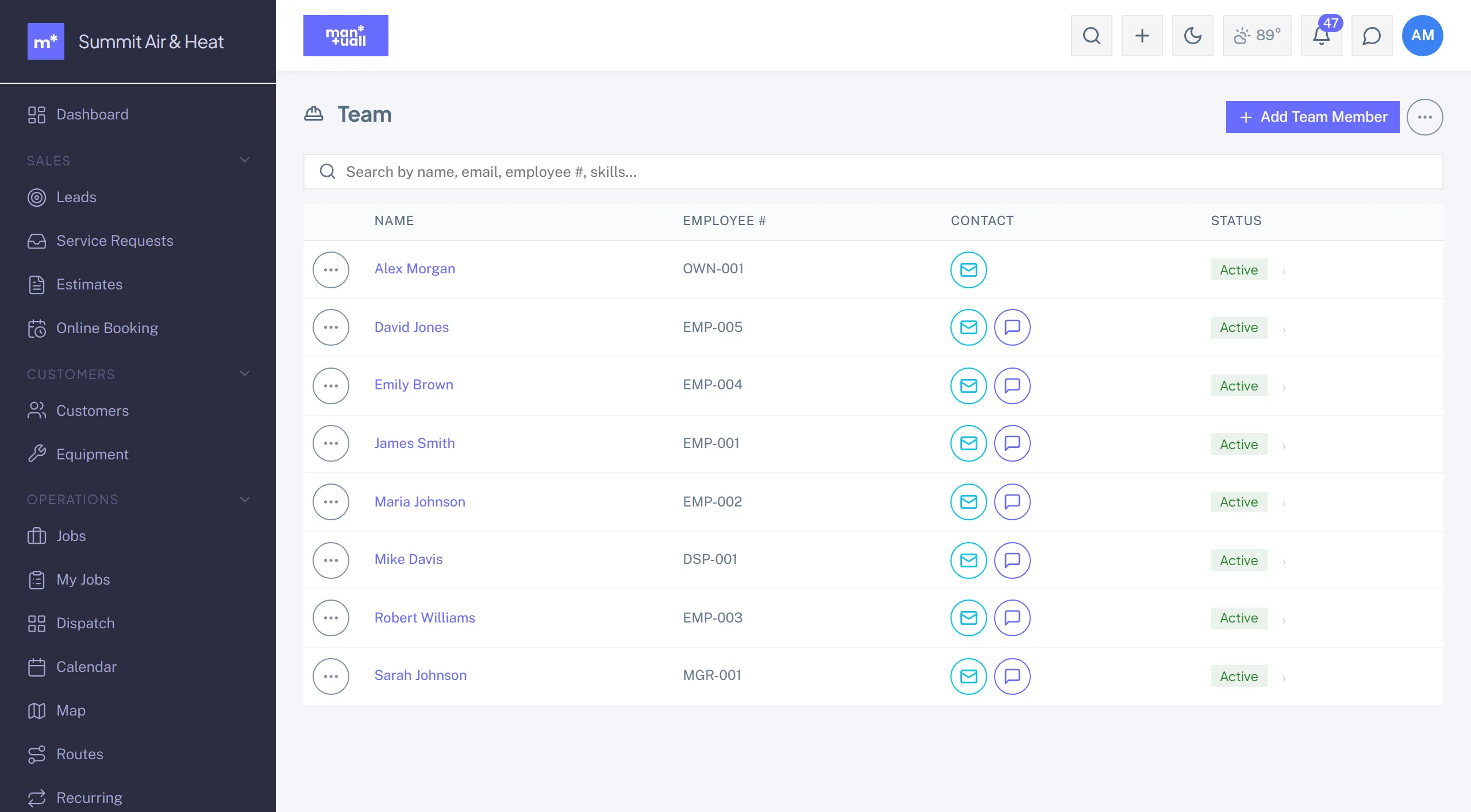 The Team list with name, employee number, contact icons, and active status