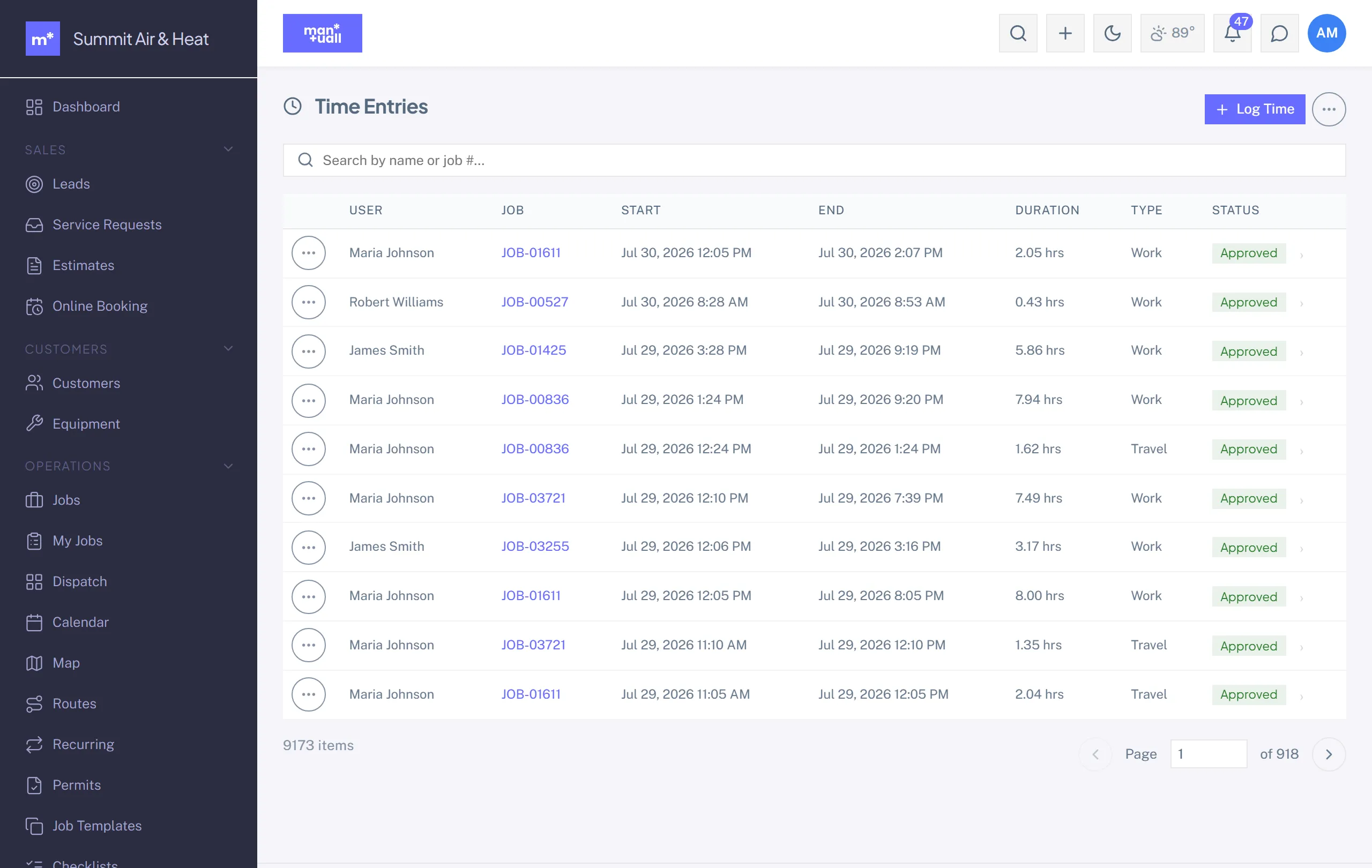 The Time Entries list with technician, job link, start, end, duration, type, and approval status