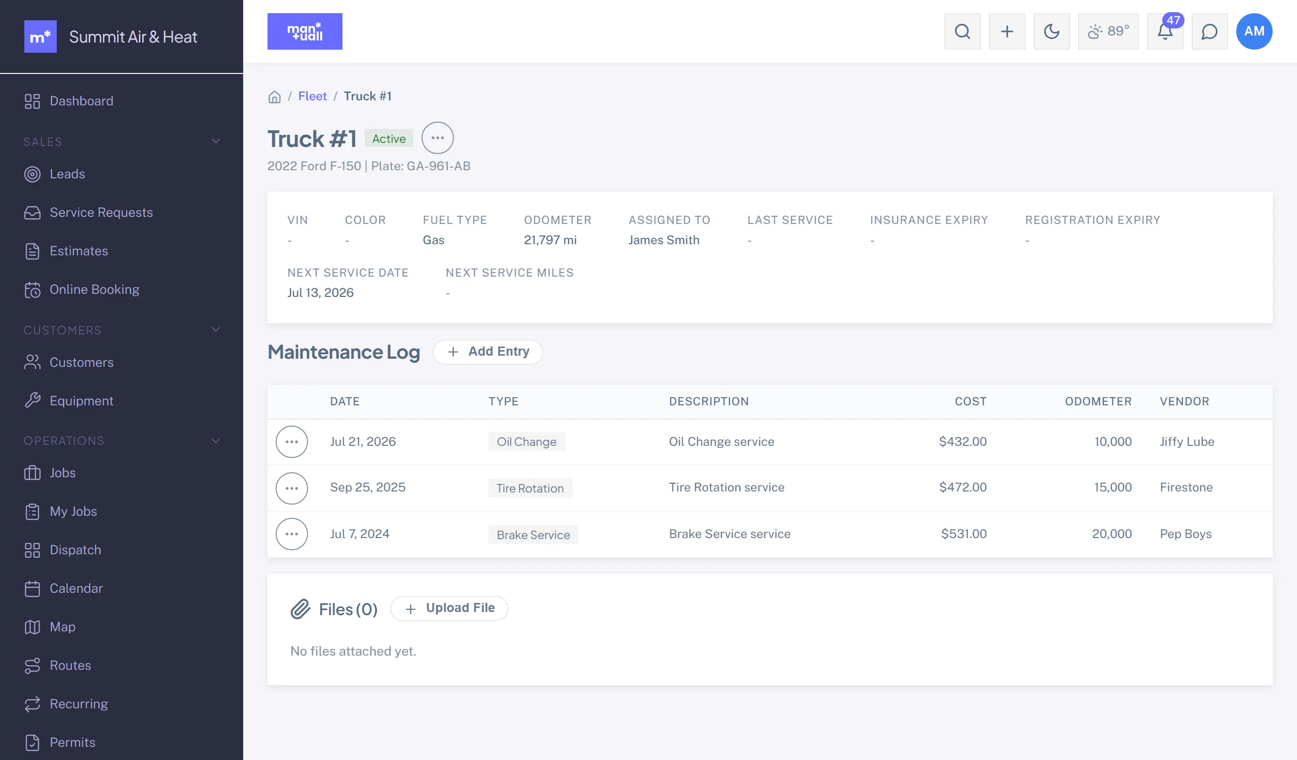 A vehicle detail page with VIN, fuel type, odometer, next service date, and a maintenance log of three entries